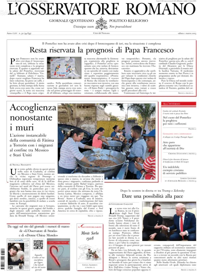 Capa jornal L'Osservatore Romano 2025-03-01