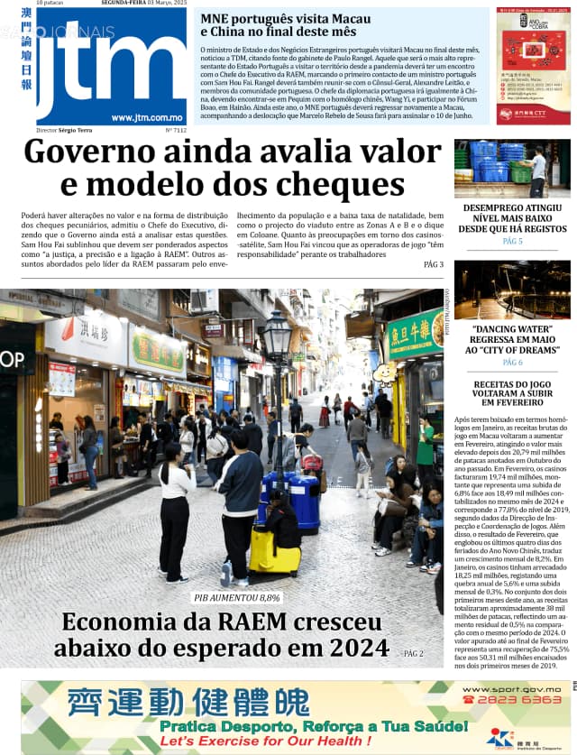 Capa jornal Jornal Tribuna de Macau 2025-03-03