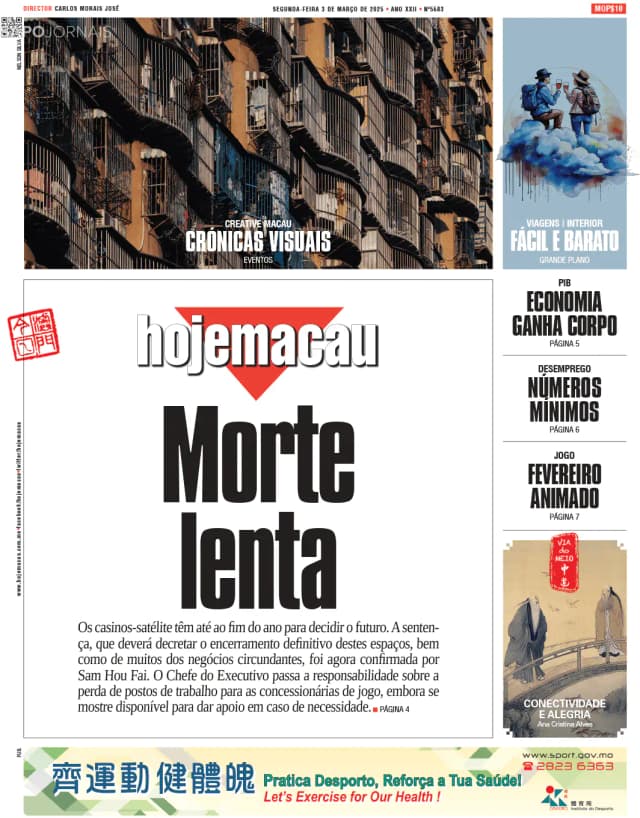 Capa jornal Hoje Macau 2025-03-03