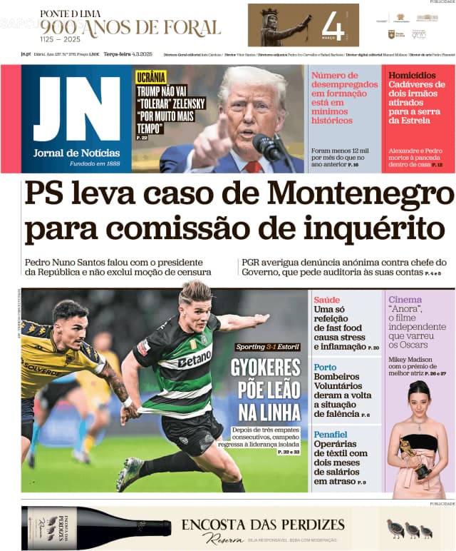 Capa jornal Jornal de Notícias 2025-03-04