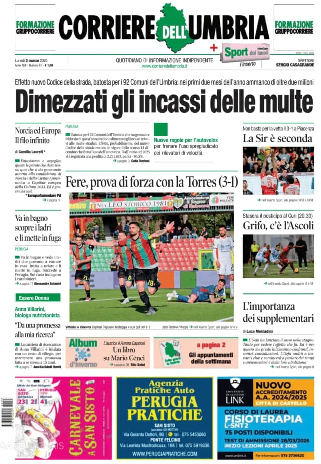 Capa jornal Corriere dell'Umbria 2025-03-03