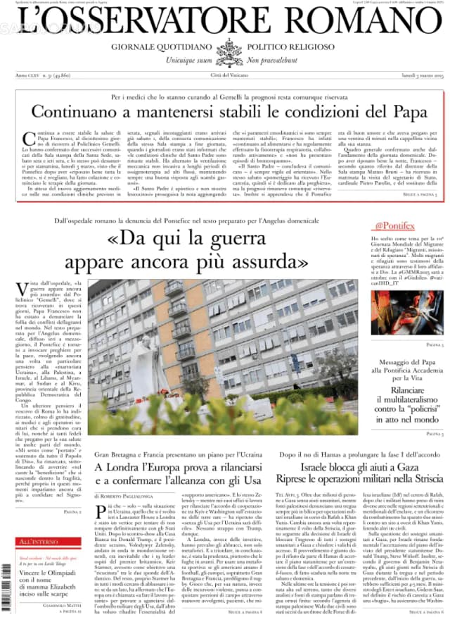 Capa jornal L'Osservatore Romano 2025-03-03