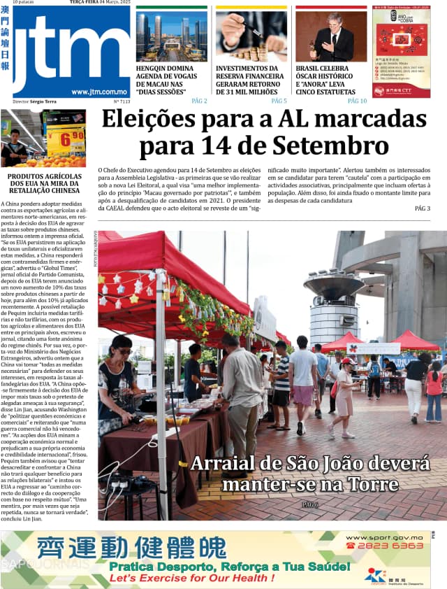 Capa jornal Jornal Tribuna de Macau 2025-03-04