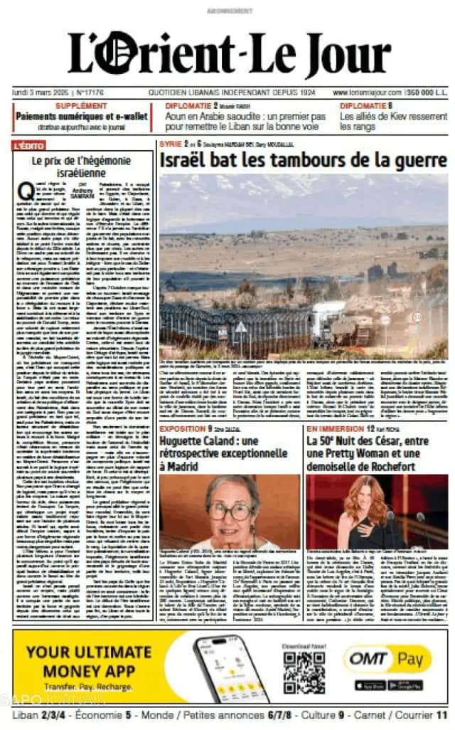 Capa jornal L'orient le jour 2025-03-03