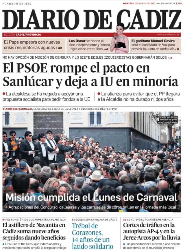 Capa jornal Diario de Cádiz 2025-03-04