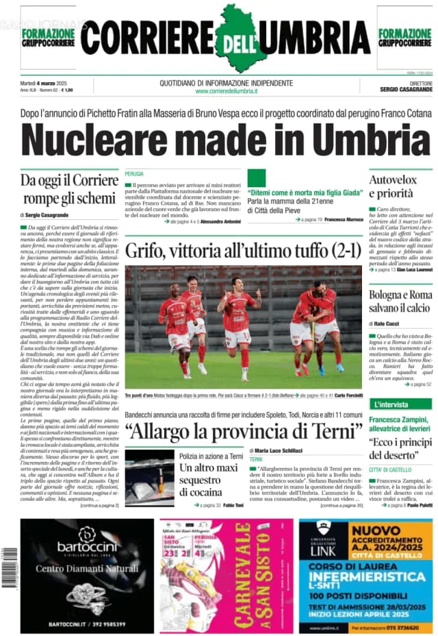 Capa jornal Corriere dell'Umbria 2025-03-04