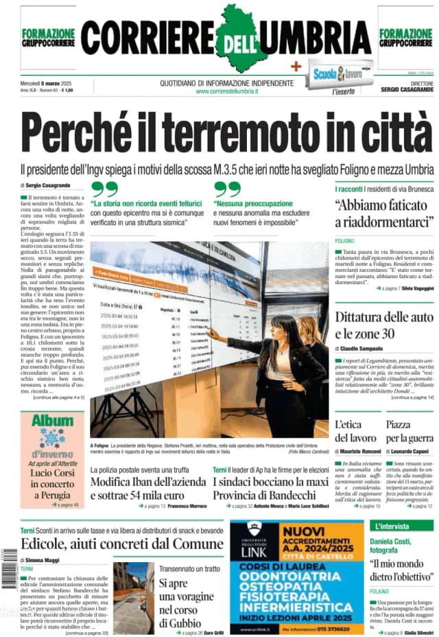 Capa jornal Corriere dell'Umbria 2025-03-05