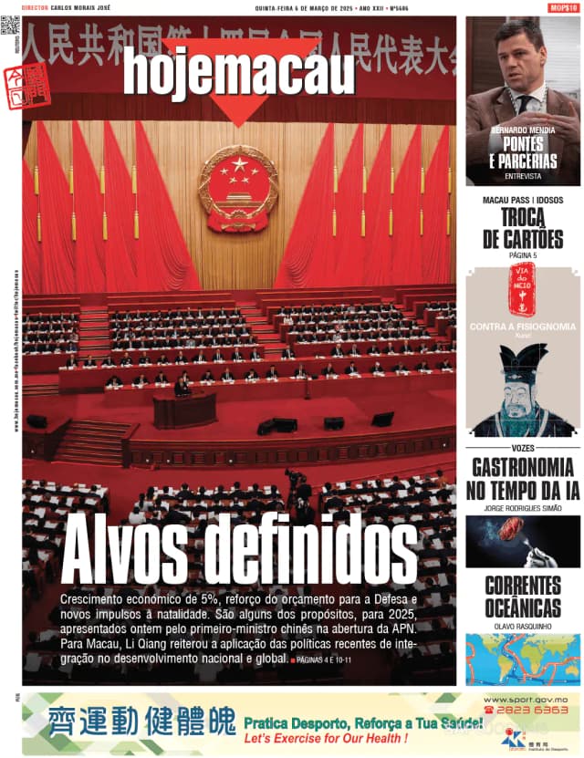 Capa jornal Hoje Macau 2025-03-06