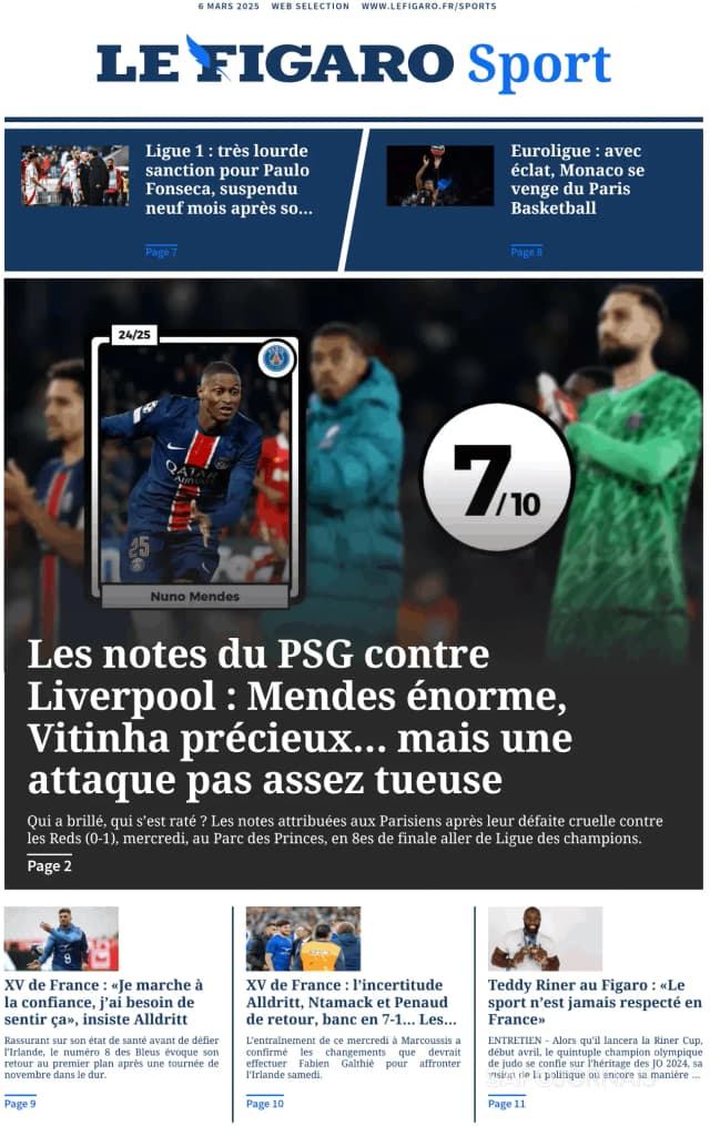 Capa jornal Le Figaro Sport 2025-03-06