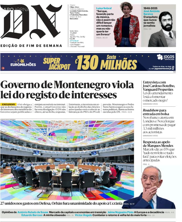 Capa jornal Diário de Notícias 2025-03-07