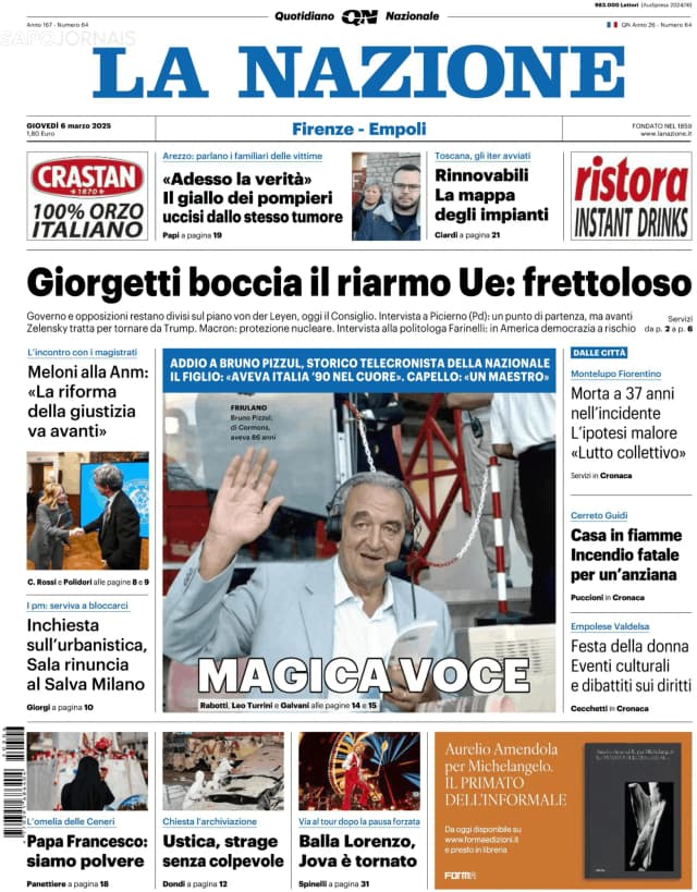 Capa jornal La Nazione 2025-03-06