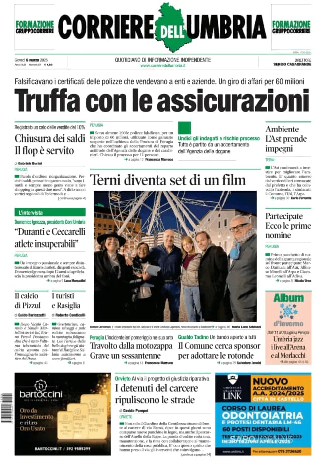 Capa jornal Corriere dell'Umbria 2025-03-06