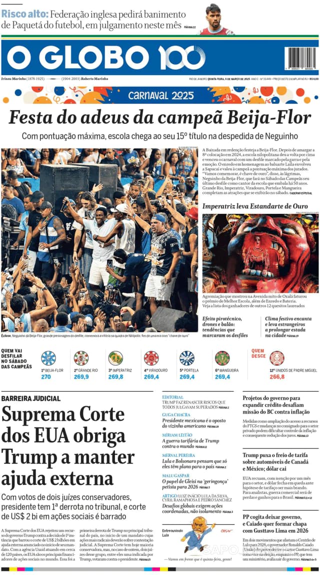 Capa jornal O Globo 2025-03-06