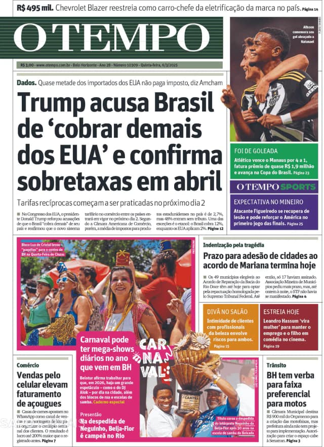 Capa jornal O Tempo 2025-03-06