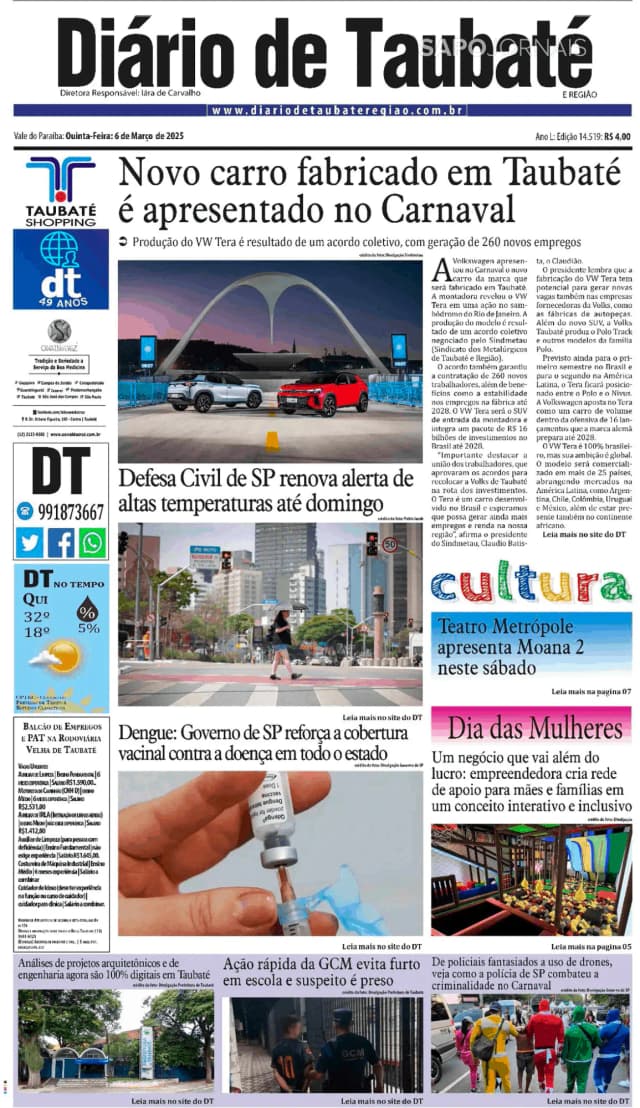 Capa jornal Diário de Taubaté 2025-03-06