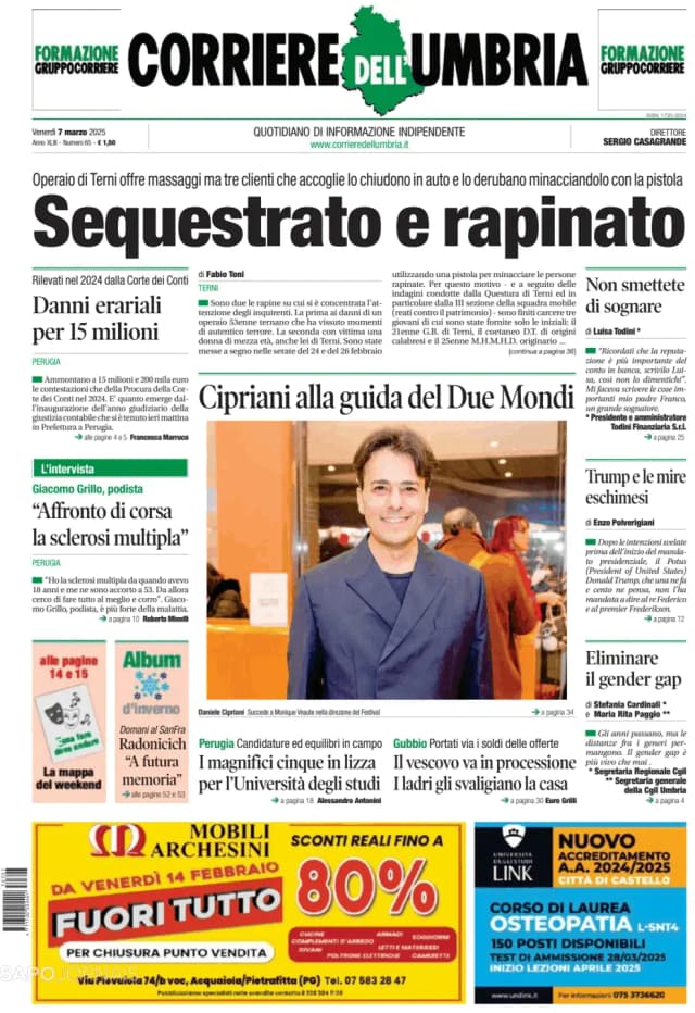 Capa jornal Corriere dell'Umbria 2025-03-07