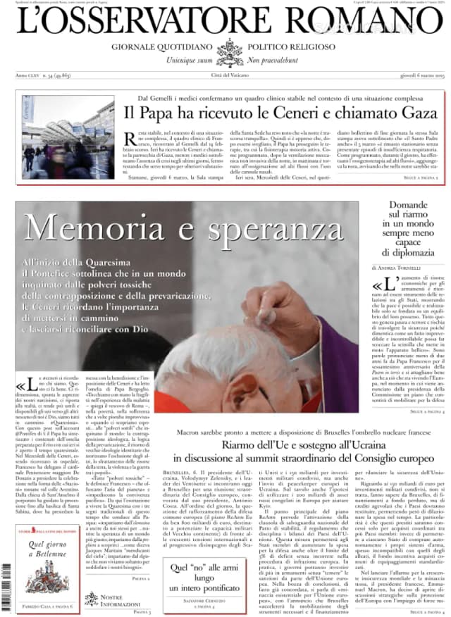 Capa jornal L'Osservatore Romano 2025-03-07