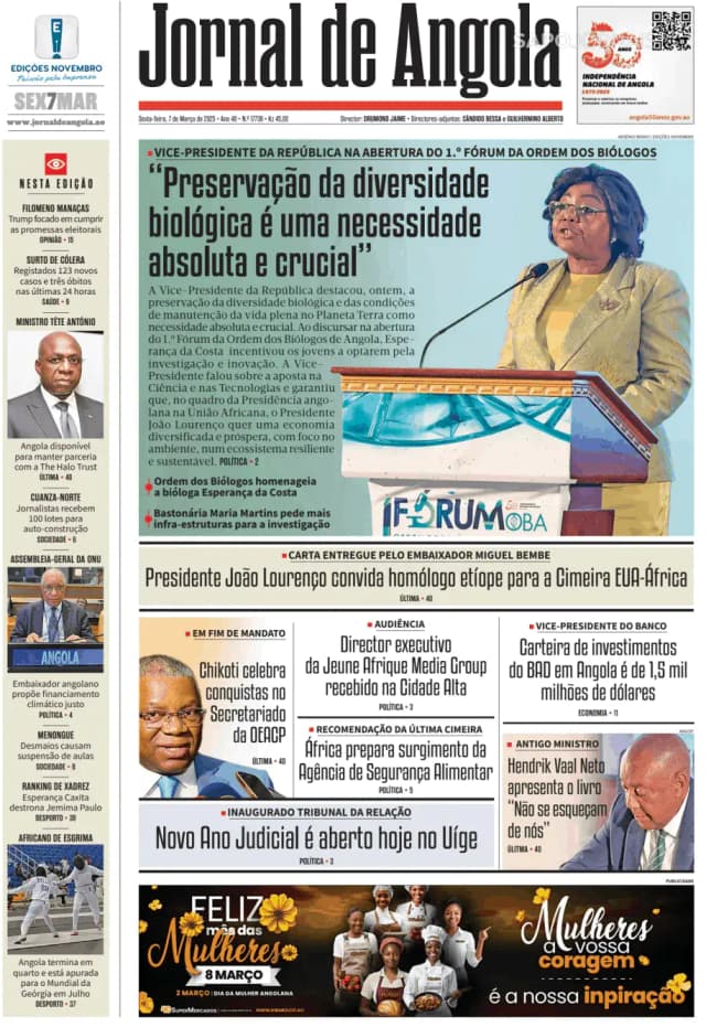 Capa jornal Jornal de Angola 2025-03-07