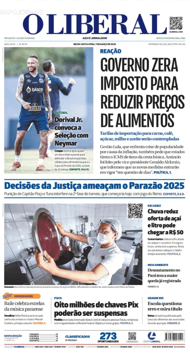 Capa jornal O Liberal 2025-03-07