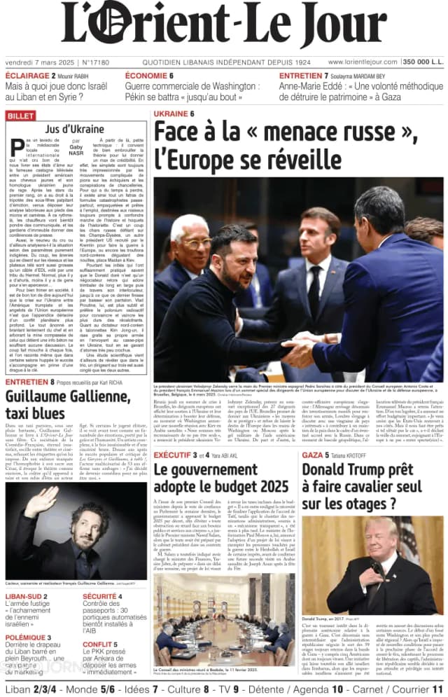 Capa jornal L'orient le jour 2025-03-07