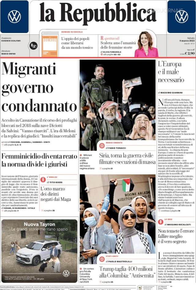 Capa jornal La Repubblica 2025-03-08