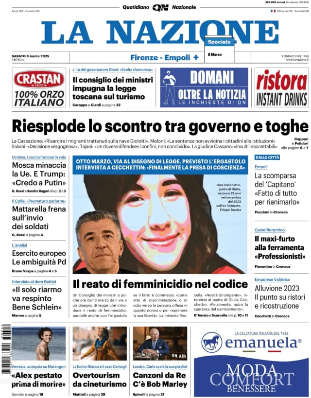 Capa jornal La Nazione 2025-03-08