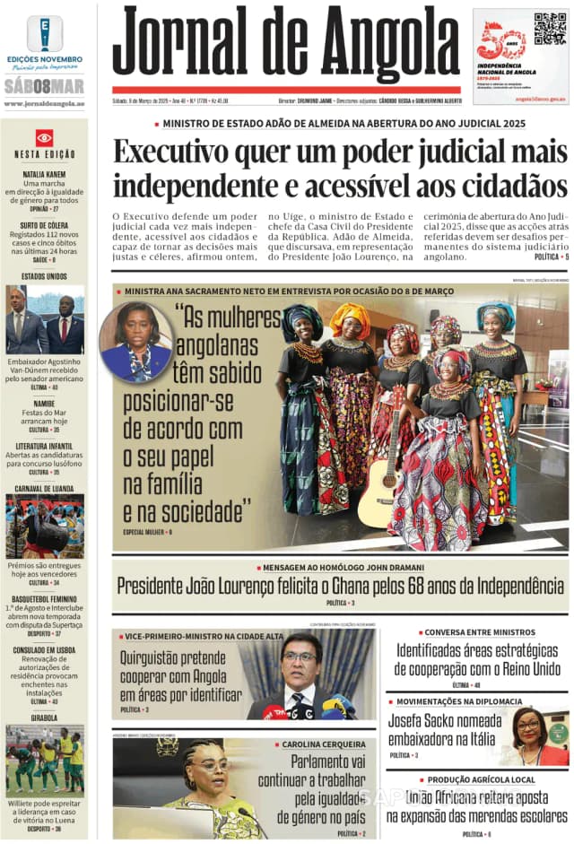 Capa jornal Jornal de Angola 2025-03-08