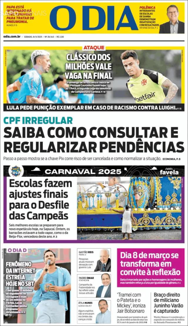 Capa jornal O Dia 2025-03-08