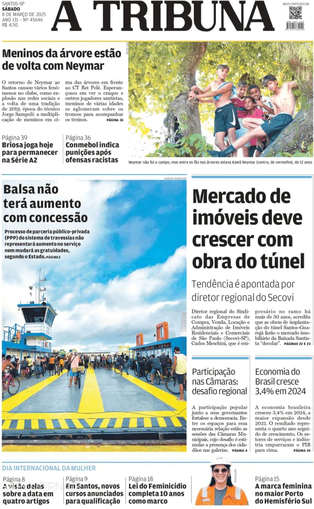 Capa jornal A Tribuna de Santos 2025-03-08