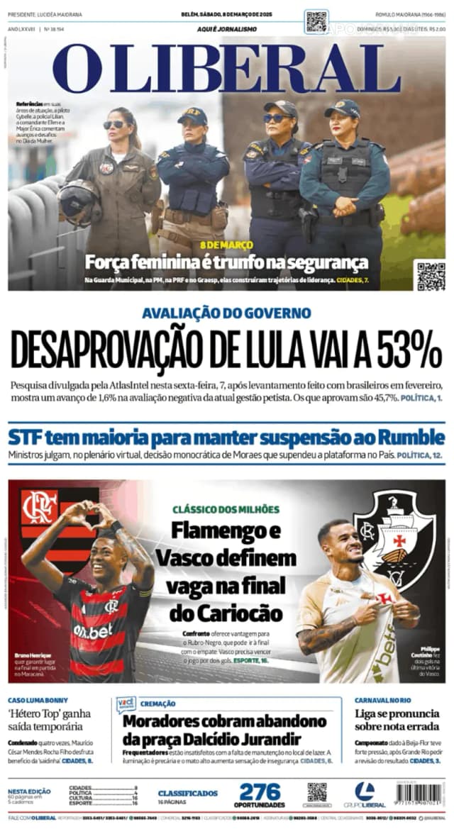 Capa jornal O Liberal 2025-03-08