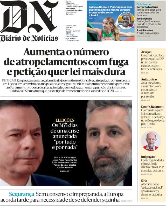 Capa jornal Diário de Notícias 2025-03-10