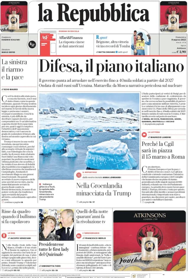 Capa jornal La Repubblica 2025-03-09