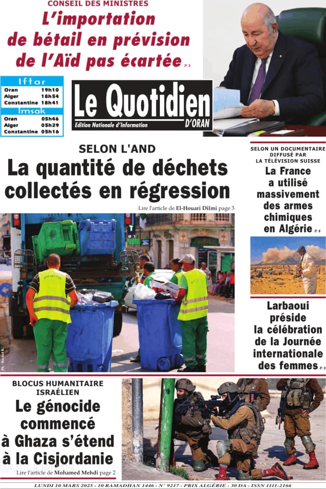 Capa jornal Le Quotidien D’Oran 2025-03-10