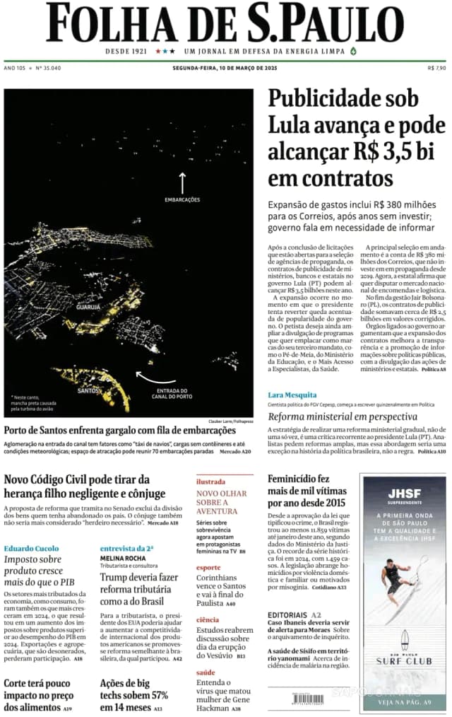 Capa jornal Folha de S. Paulo 2025-03-10