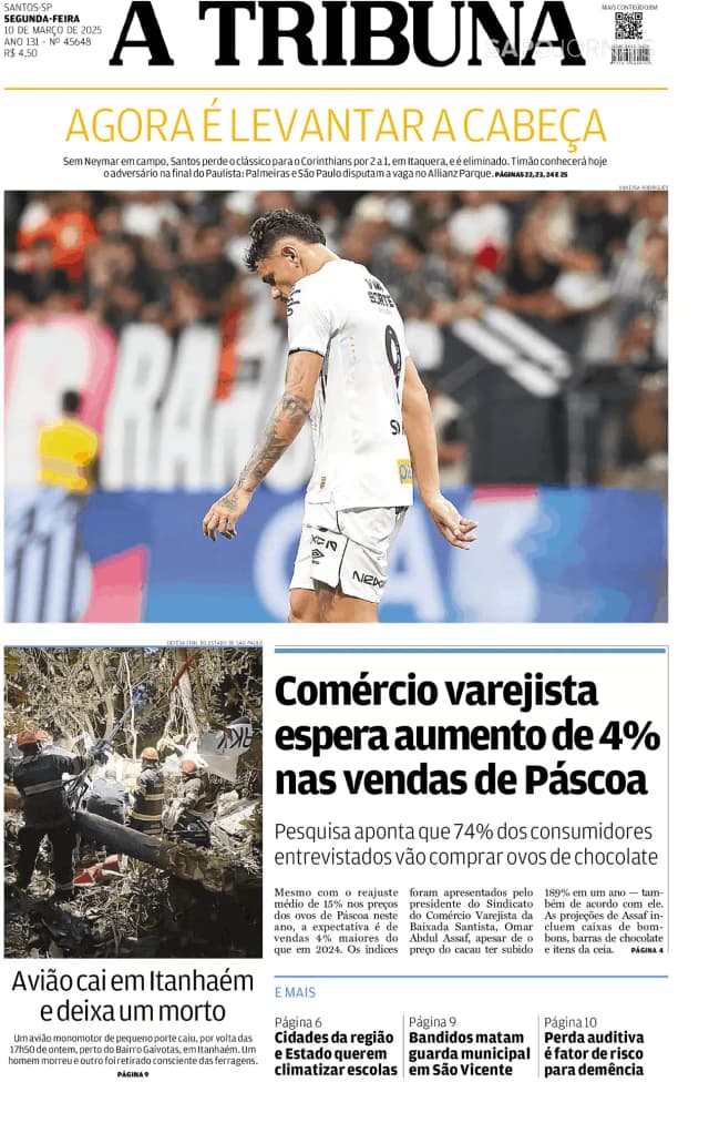 Capa jornal A Tribuna de Santos 2025-03-10