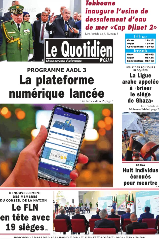 Capa jornal Le Quotidien D’Oran 2025-03-12