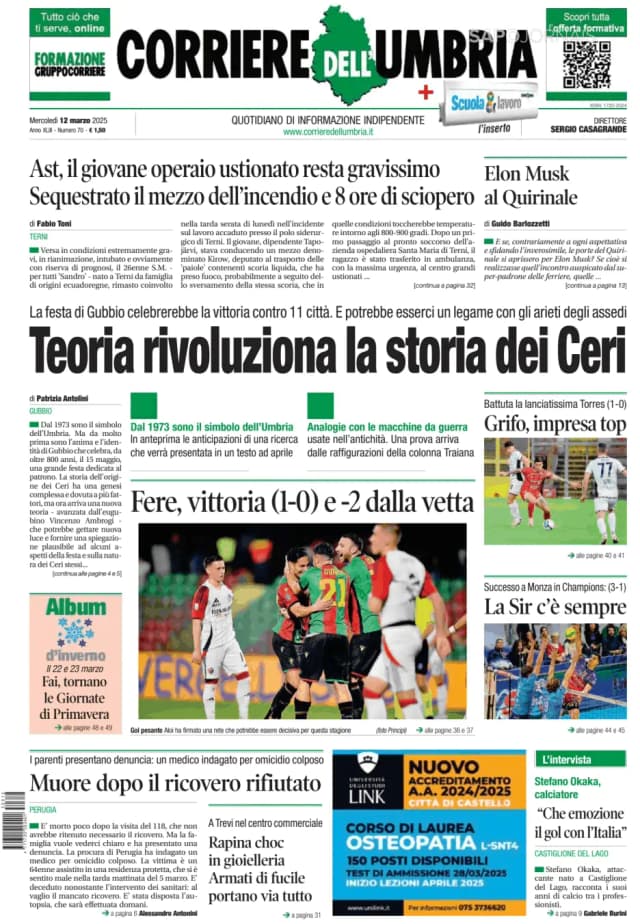 Capa jornal Corriere dell'Umbria 2025-03-12