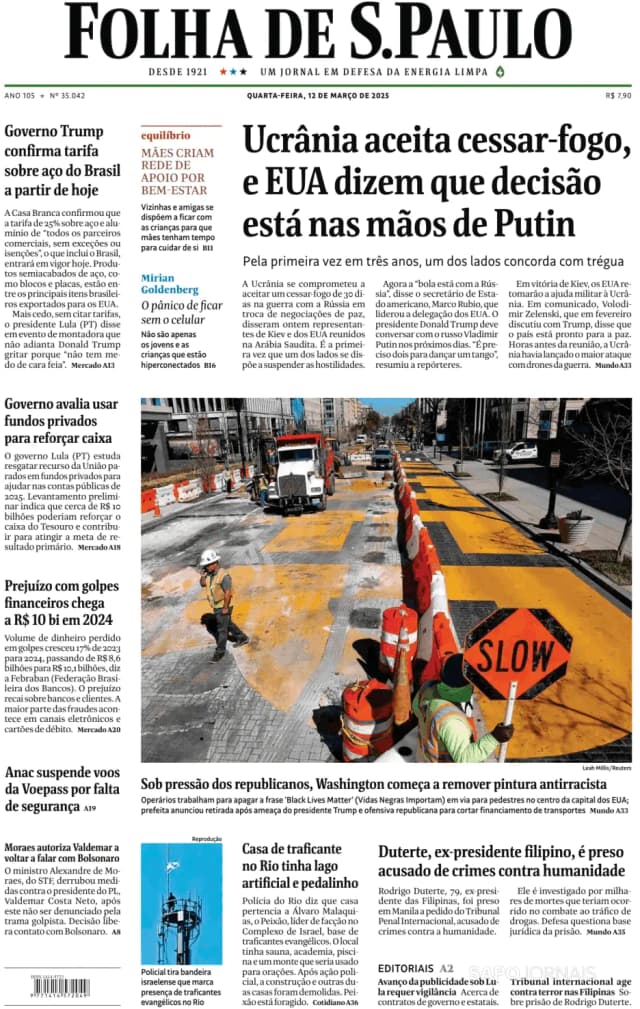 Capa jornal Folha de S. Paulo 2025-03-12