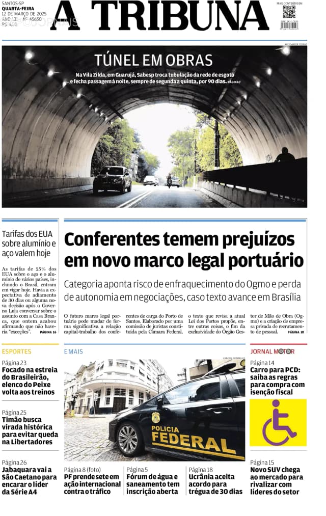 Capa jornal A Tribuna de Santos 2025-03-12