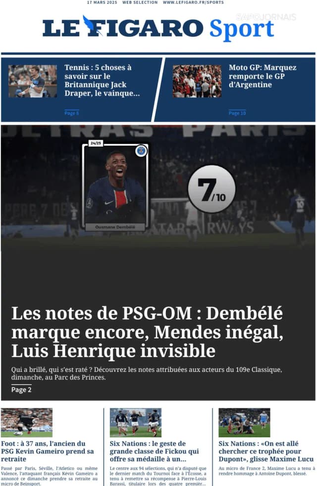 Capa jornal Le Figaro Sport 2025-03-17