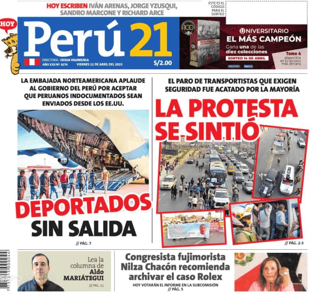 Capa jornal Perú 21 2025-04-11
