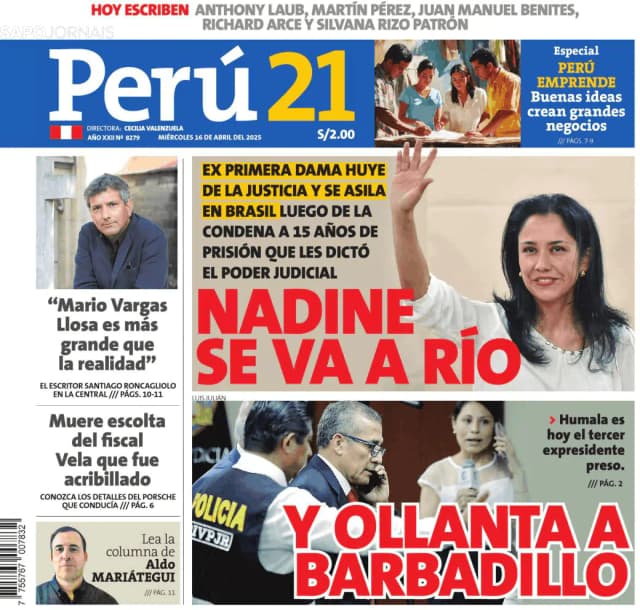Capa jornal Perú 21 2025-04-16