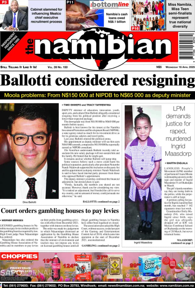 Capa jornal The Namibian 2025-04-16