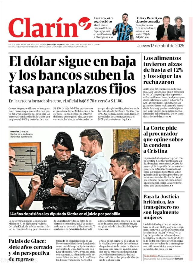 Capa jornal Clarín 2025-04-17
