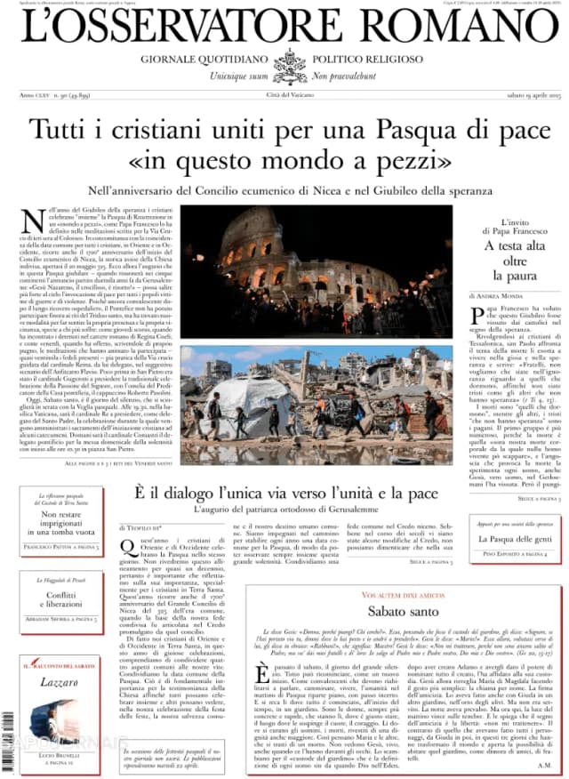 Capa jornal L'Osservatore Romano 2025-04-19