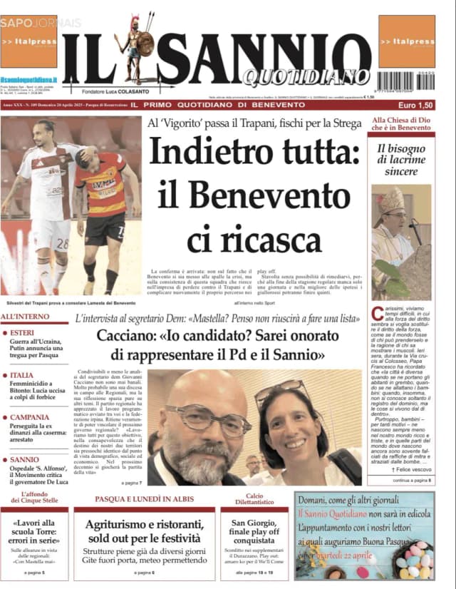 Capa jornal Il Sannio Quotidiano 2025-04-20