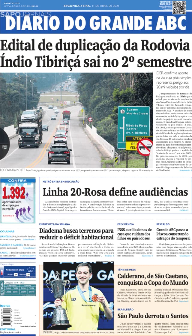 Capa jornal Diário do Grande ABC 2025-04-21