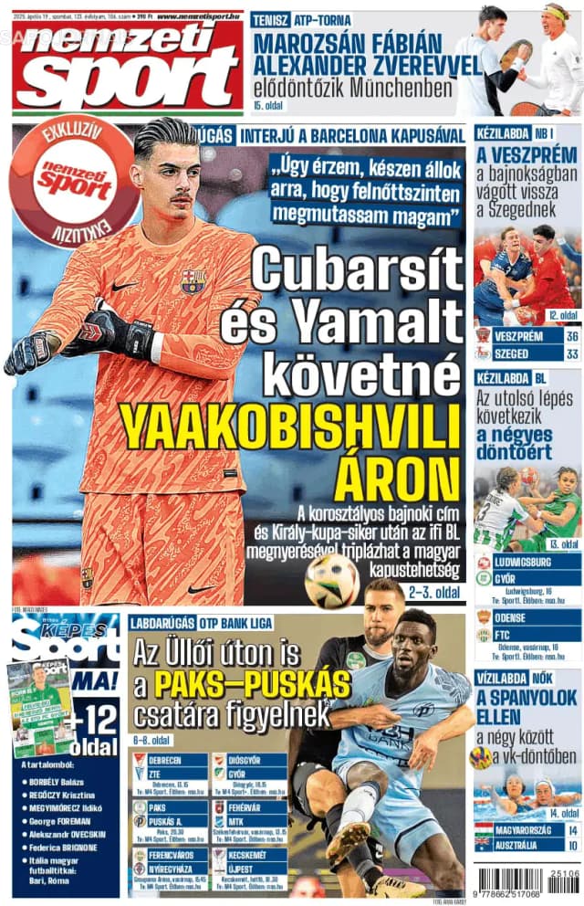 Capa jornal Nemzeti Sport 2025-04-20