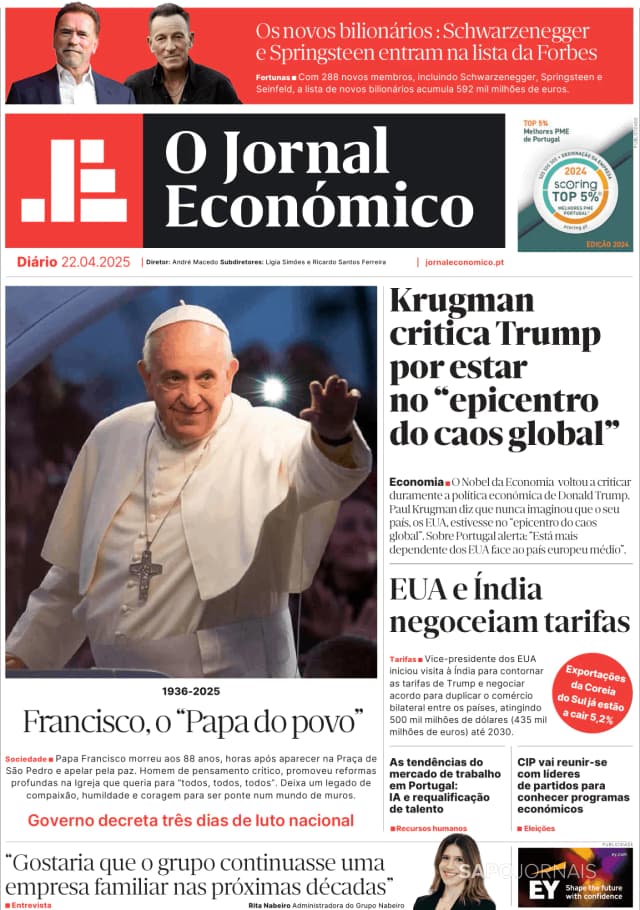 Capa jornal O Jornal Económico 2025-04-22