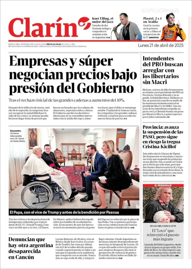 Capa jornal Clarín 2025-04-21